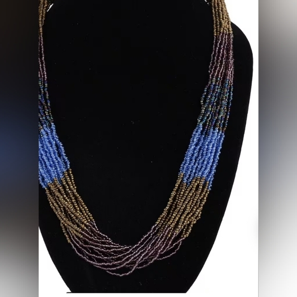 Blue and Brown Seed Beaded Multi Strand Necklace 22 Inches, NIB - Picture 3 of 6